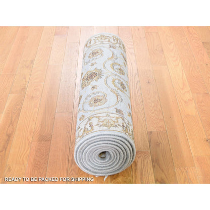 Rajasthan Wool & Silk Hand Knotted Rug Grey Ivory 2.7X12.0 -O043170
