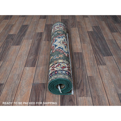 Kazak Wool Hand Knotted Rug Green 2.8x6.5 -O0445