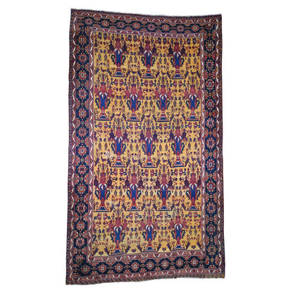 Antique Wool Hand Knotted Rug Yellow Navy Blue 10.4X17.7 -O044872