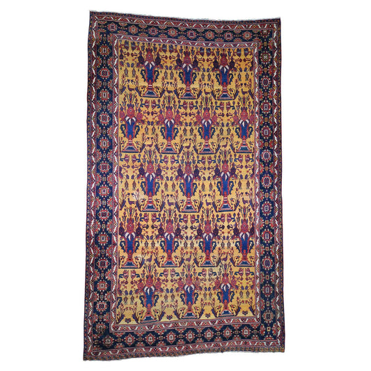 Antique Wool Hand Knotted Rug Yellow Navy Blue 10.4X17.7 -O044872