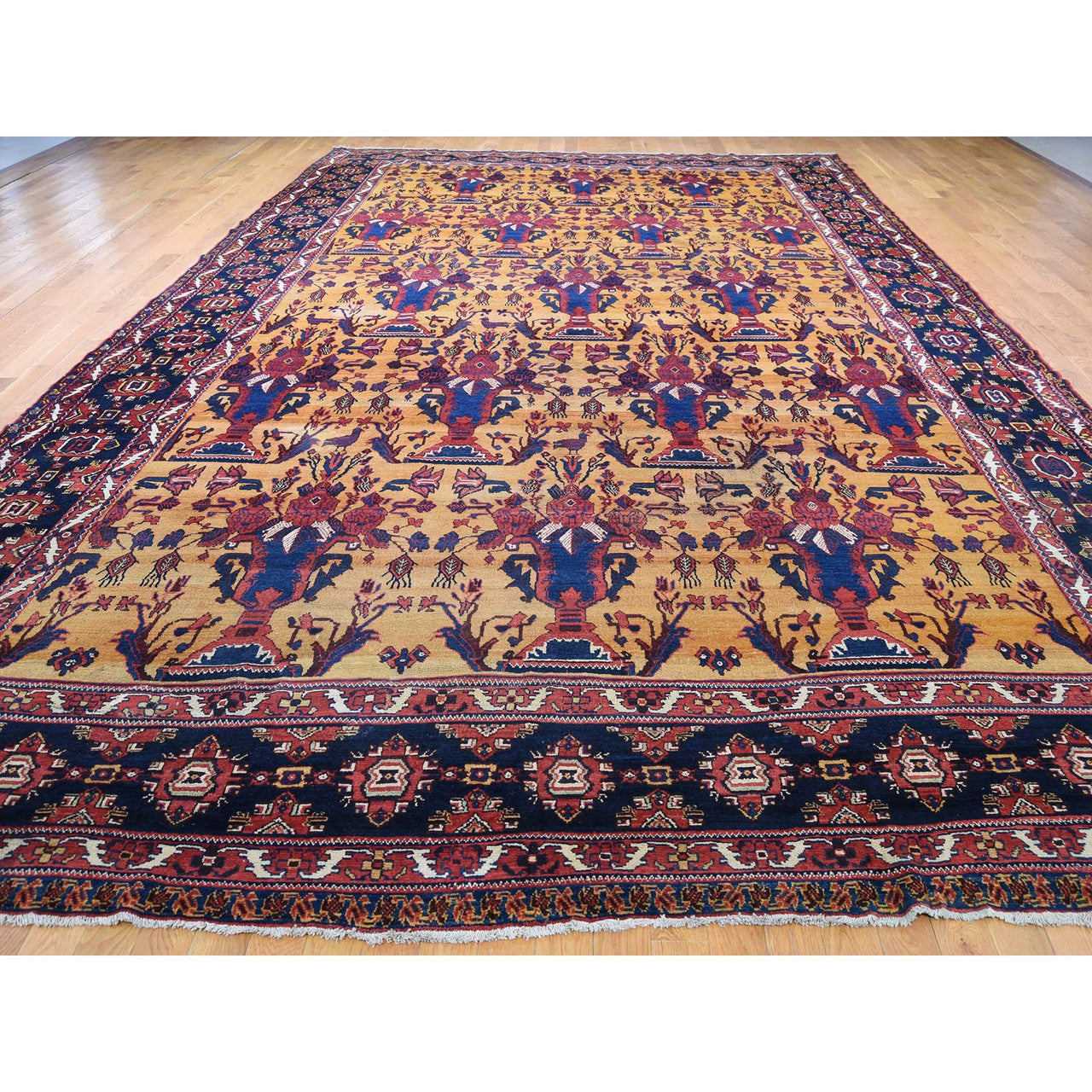 Antique Wool Hand Knotted Rug Yellow Navy Blue 10.4X17.7 -O044872