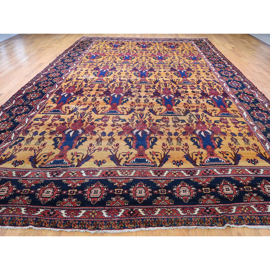 Antique Wool Hand Knotted Rug Yellow Navy Blue 10.4X17.7 -O044872