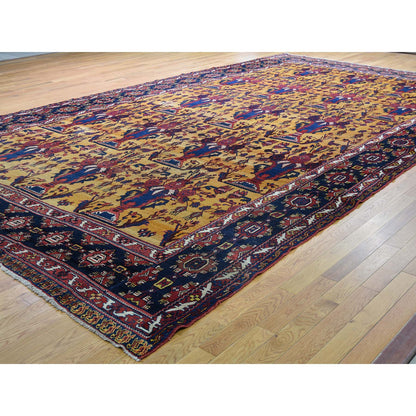 Antique Wool Hand Knotted Rug Yellow Navy Blue 10.4X17.7 -O044872