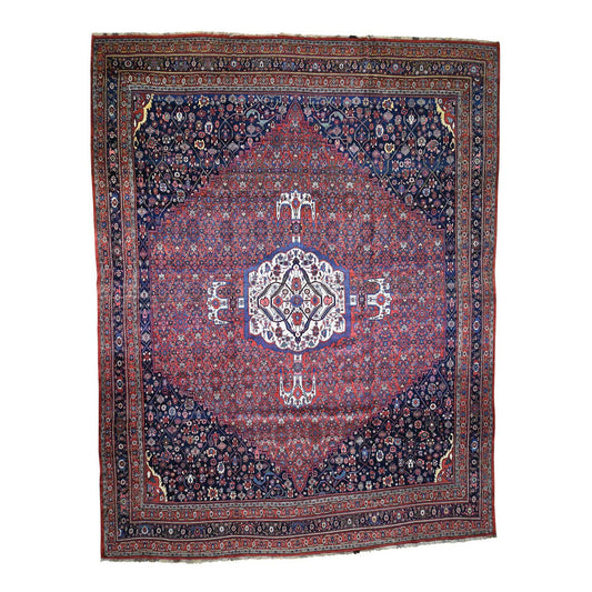 Antique Wool Hand Knotted Rug Red Navy Blue 14.6X19.0 -O044876