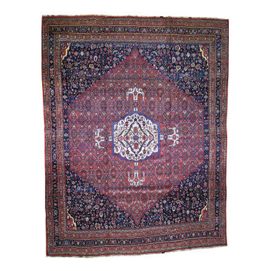 Antique Wool Hand Knotted Rug Red Navy Blue 14.6X19.0 -O044876