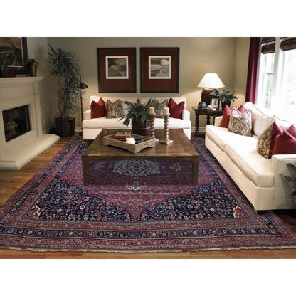 Antique Wool Hand Knotted Rug Red Navy Blue 14.6X19.0 -O044876