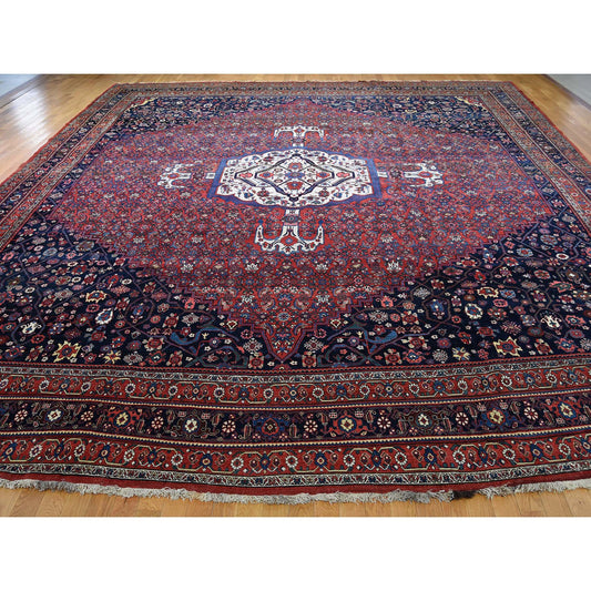 Antique Wool Hand Knotted Rug Red Navy Blue 14.6X19.0 -O044876