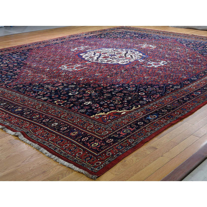 Antique Wool Hand Knotted Rug Red Navy Blue 14.6X19.0 -O044876