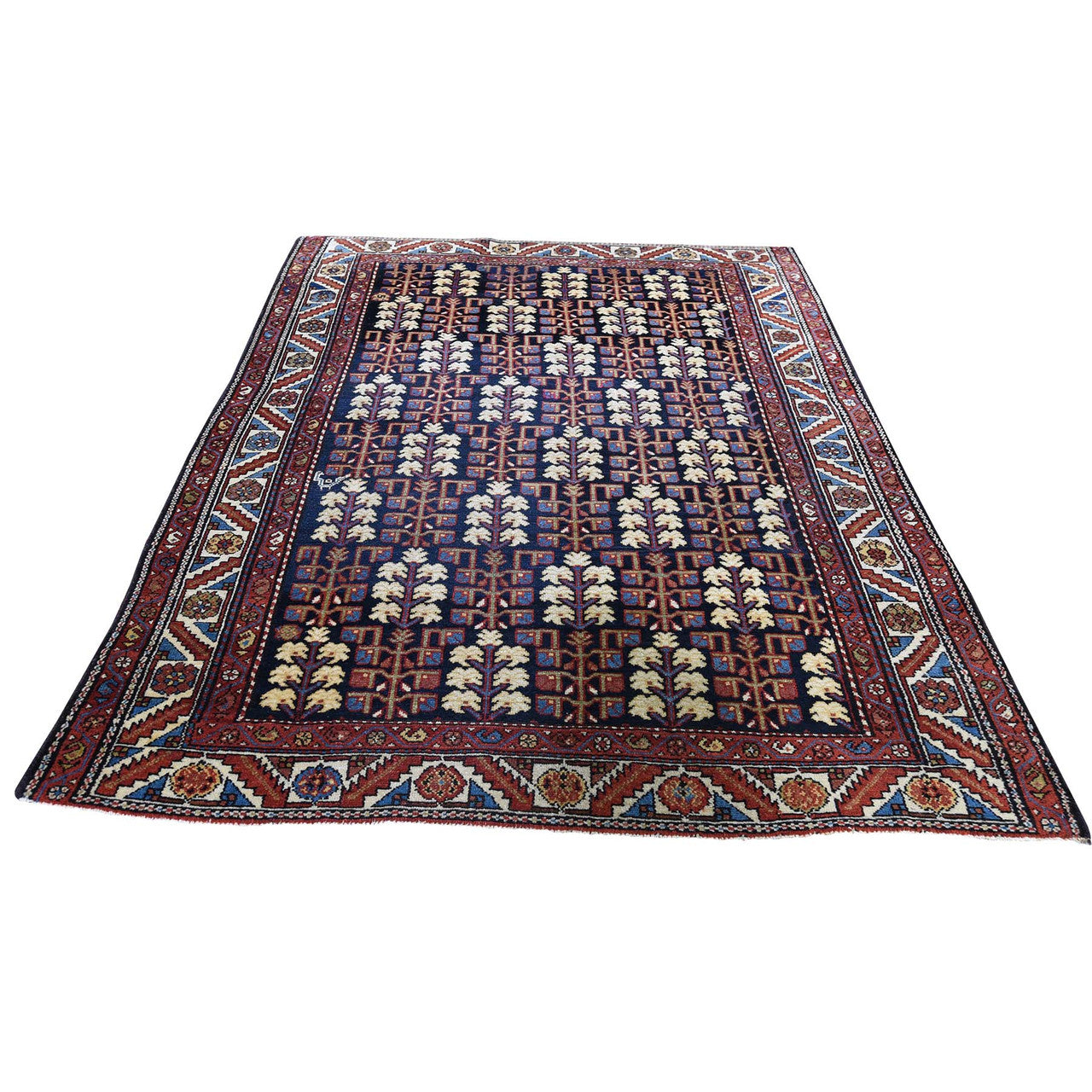 Antique Wool Hand Knotted Rug Blue Red 4.4X5.9 -O045938