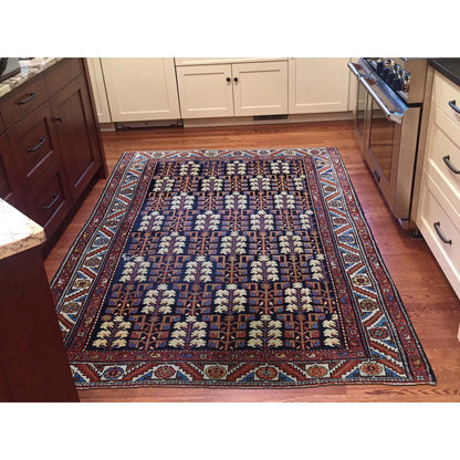 Antique Wool Hand Knotted Rug Blue Red 4.4X5.9 -O045938