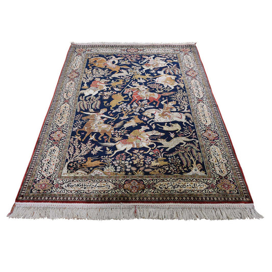 Persian Silk Hand Knotted Rug Blue Beige 4.4X6.8 -O046194