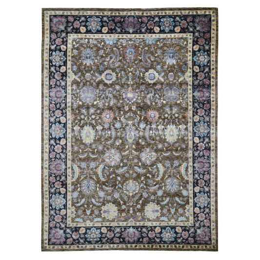 Wool and Silk Wool & Silk Hand Knotted Rug Brown Navy Blue 8.10X12.0 -O048369