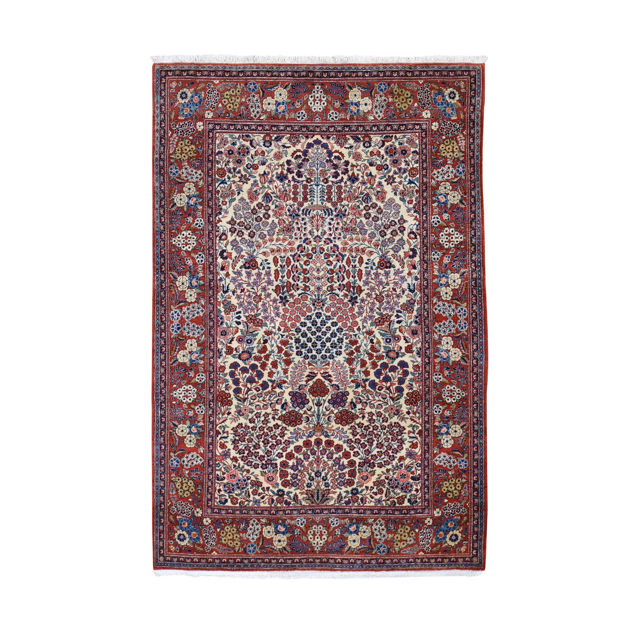 Antique Wool Hand Knotted Rug Beige Red 4.4X6.9 -O048698