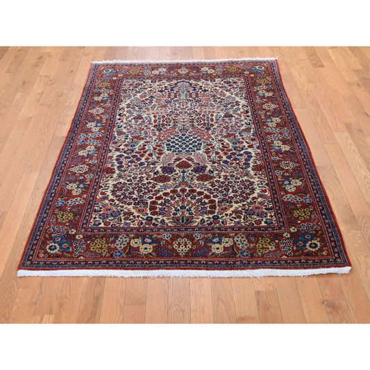 Antique Wool Hand Knotted Rug Beige Red 4.4X6.9 -O048698