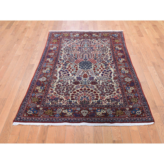 Antique Wool Hand Knotted Rug Beige Red 4.4X6.9 -O048701