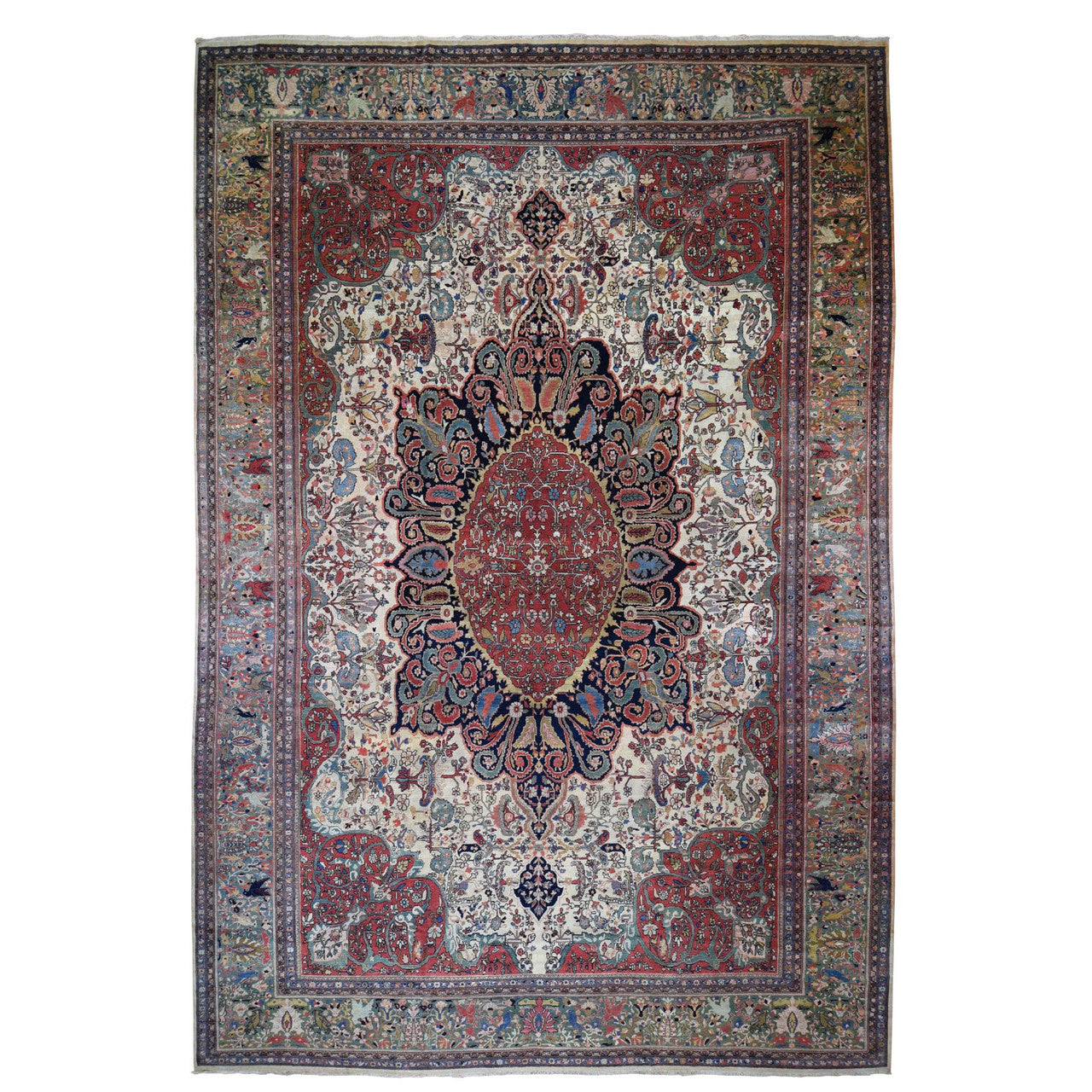Antique Wool Hand Knotted Rug Ivory Green 12.2X18.8 -O048703