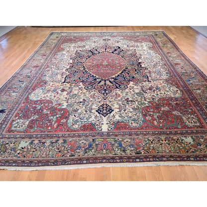 Antique Wool Hand Knotted Rug Ivory Green 12.2X18.8 -O048703
