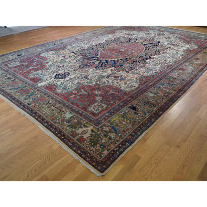 Antique Wool Hand Knotted Rug Ivory Green 12.2X18.8 -O048703