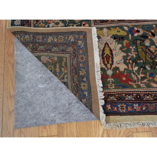 Antique Wool Hand Knotted Rug Ivory Green 12.2X18.8 -O048703