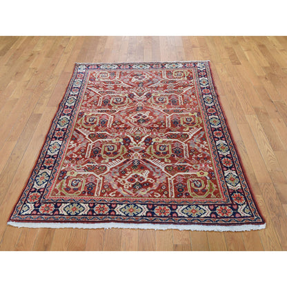 Antique Wool Hand Knotted Rug Red Navy Blue 4.1X6.7 -O049054