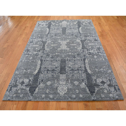 Transitional Wool & Pure Silk Hand Knotted Rug Grey No Border 6.1X9.3 -O049947