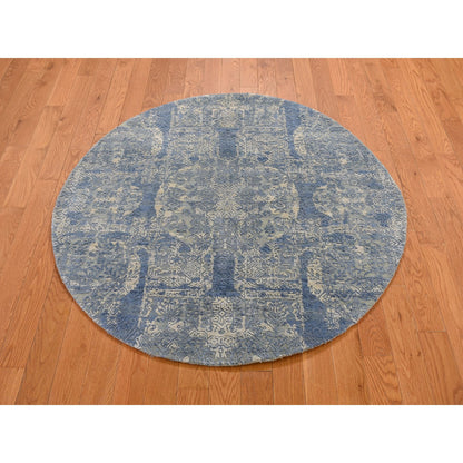 Transitional Wool & Pure Silk Hand Knotted Rug Blue 4.0x4.0 -O049949