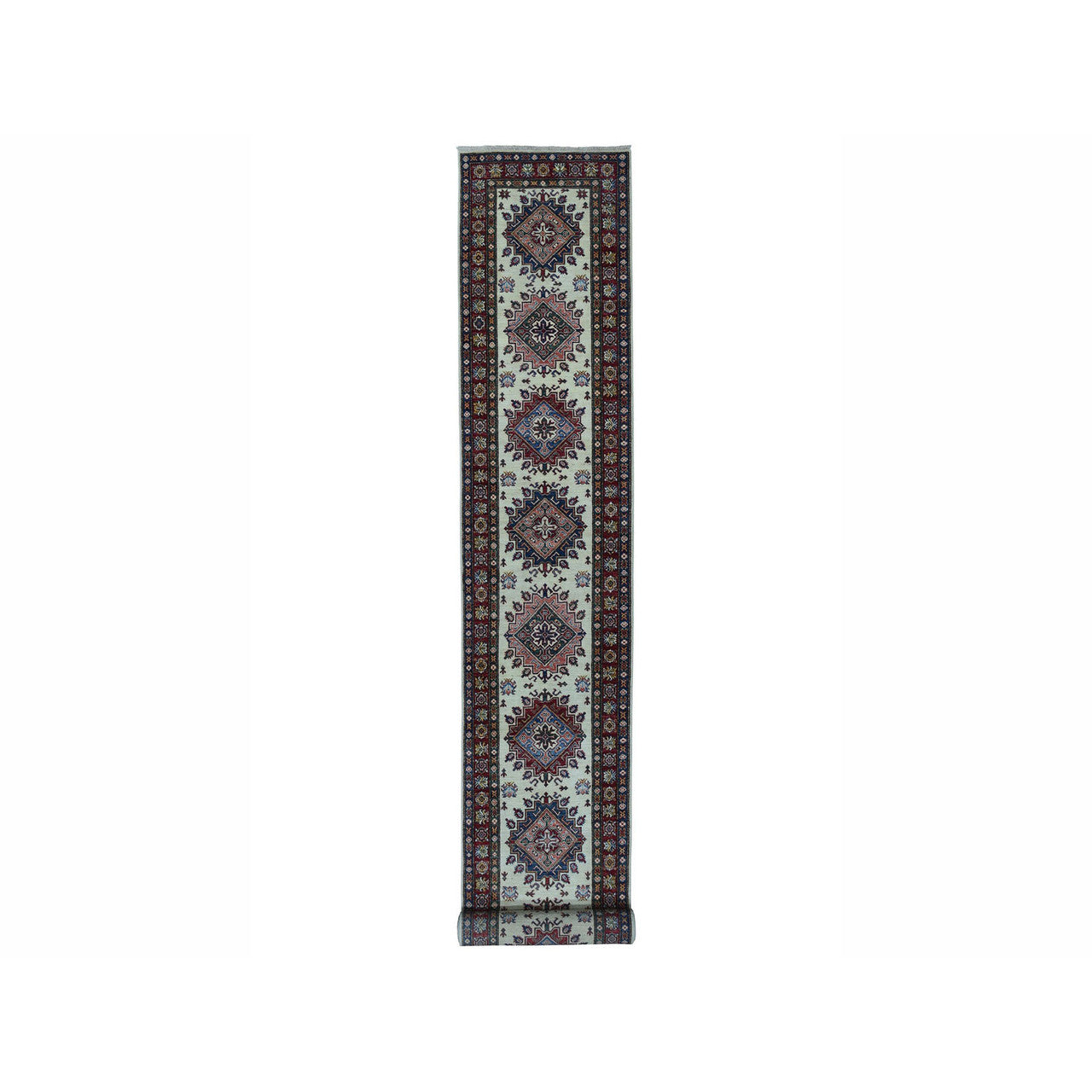 Kazak Wool Hand Knotted Rug Ivory Red 2.9X19.1 -O050187
