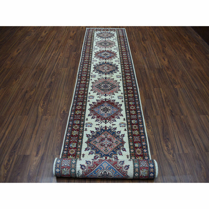 Kazak Wool Hand Knotted Rug Ivory Red 2.9X19.1 -O050187