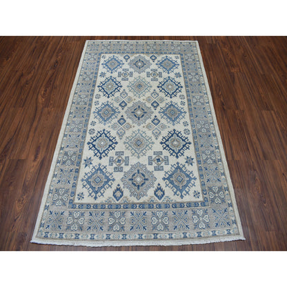 Kazak Wool Hand Knotted Rug Ivory Gray 4.0X6.1 -O050337
