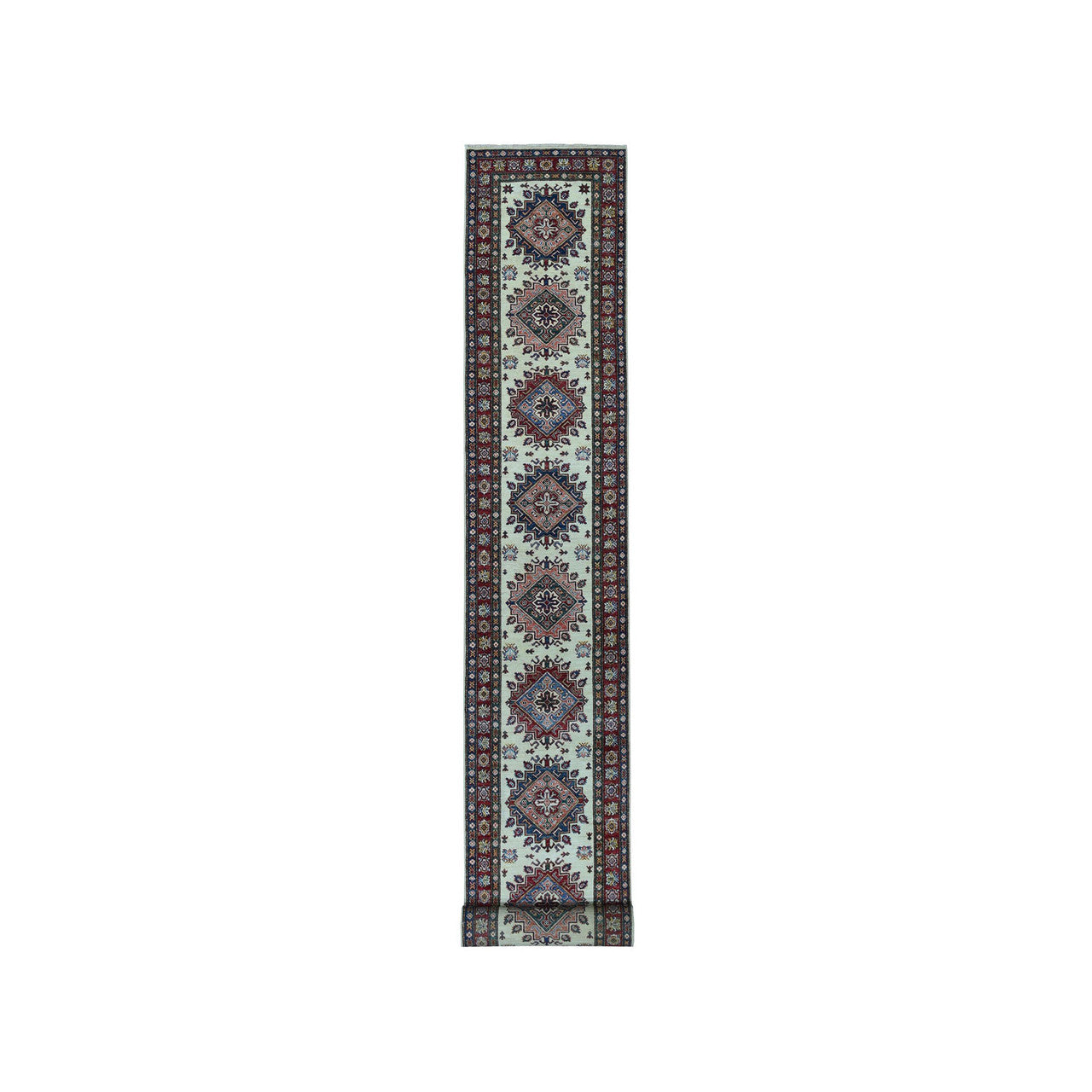 Kazak Wool Hand Knotted Rug Ivory Red 2.9X19.0 -O050646