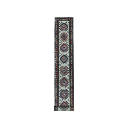 Kazak Wool Hand Knotted Rug Ivory Red 2.9X19.0 -O050646
