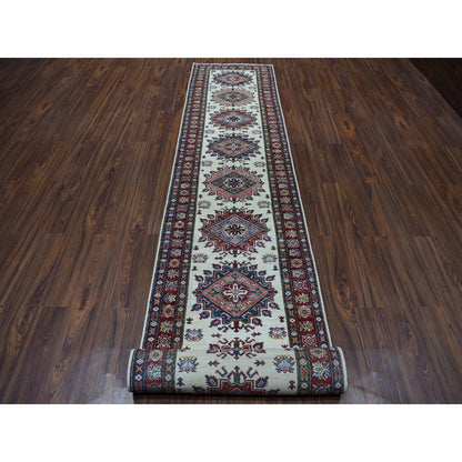 Kazak Wool Hand Knotted Rug Ivory Red 2.9X19.0 -O050646