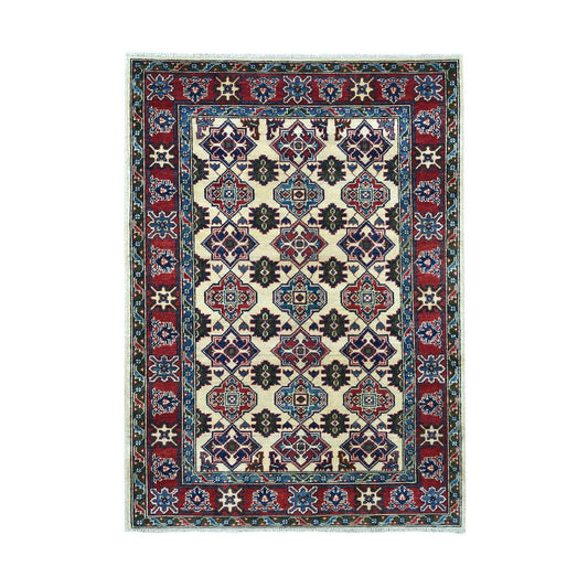 Kazak Wool Hand Knotted Rug Ivory Red 4.3X5.7 -O050648