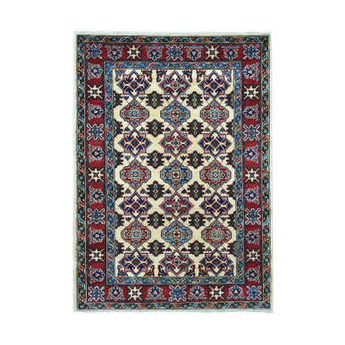 Kazak Wool Hand Knotted Rug Ivory Red 4.3X5.7 -O050648