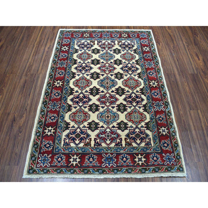 Kazak Wool Hand Knotted Rug Ivory Red 4.3X5.7 -O050648