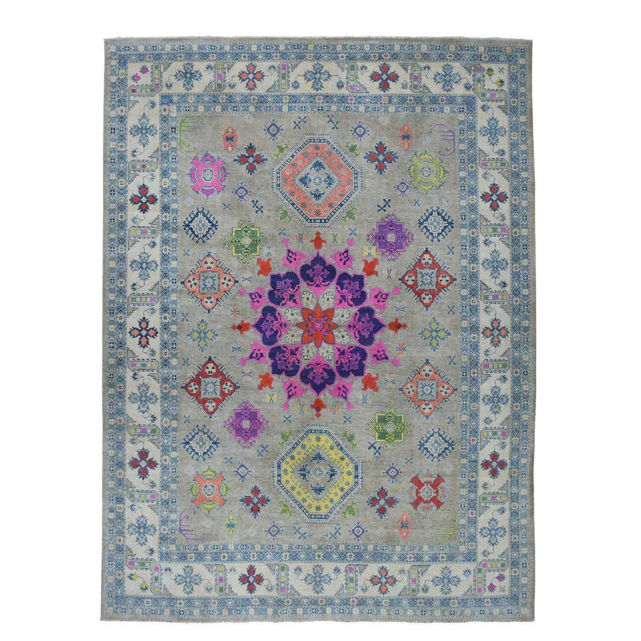 Kazak Wool Hand Knotted Rug Grey Ivory 9.2X11.7 -O050673