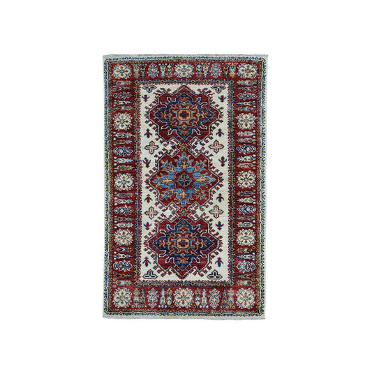 Kazak Wool Hand Knotted Rug Ivory Red 2.8X4.7 -O050893