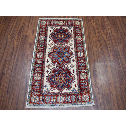 Kazak Wool Hand Knotted Rug Ivory Red 2.8X4.7 -O050893