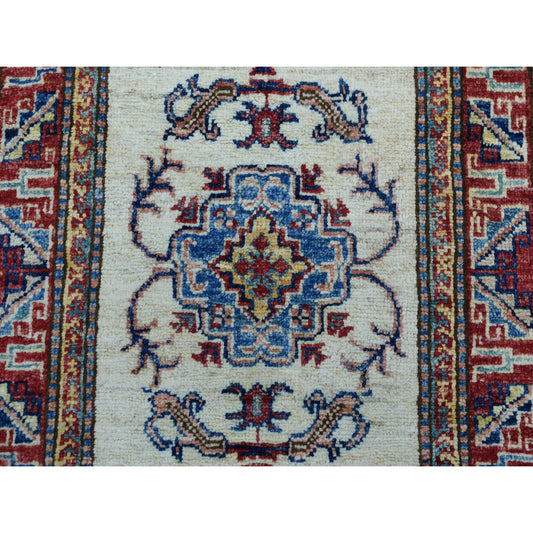 Kazak Wool Hand Knotted Rug Ivory Red 2.1X3.2 -O051013