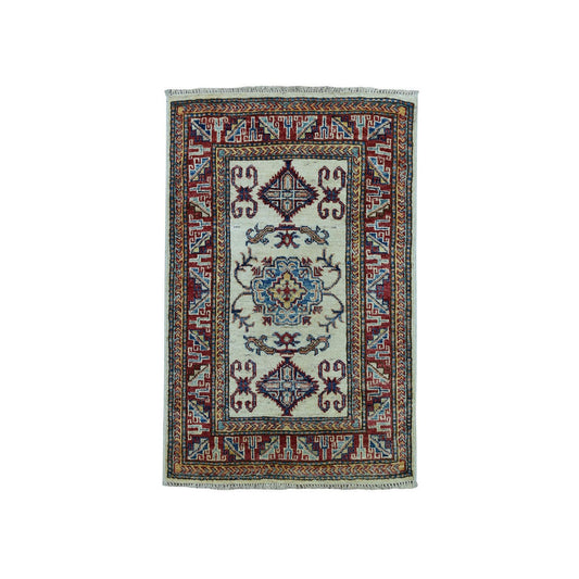 Kazak Wool Hand Knotted Rug Ivory Red 2.2X3.1 -O051020