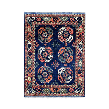 Tribal & Geometric Wool Hand Knotted Rug Blue No Border 5.0X6.3 -O051305