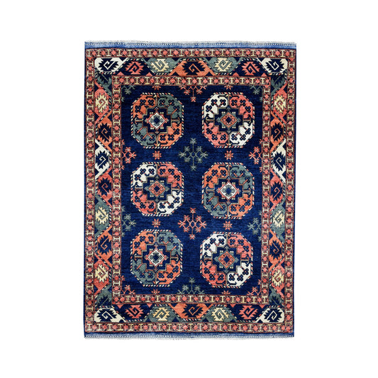 Tribal & Geometric Wool Hand Knotted Rug Blue No Border 5.0X6.3 -O051305