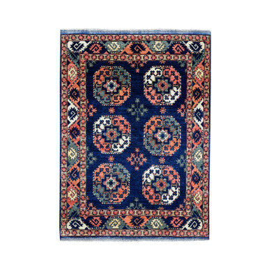 Tribal & Geometric Wool Hand Knotted Rug Blue No Border 5.0X6.3 -O051305