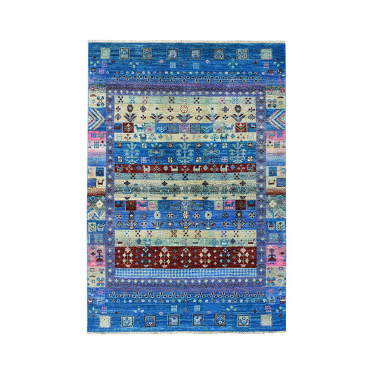 Tribal & Geometric Wool Hand Knotted Rug Blue No Border 4.0X5.10 -O051615