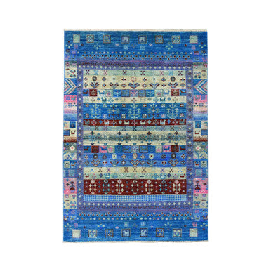 Tribal & Geometric Wool Hand Knotted Rug Blue No Border 4.0X5.10 -O051615