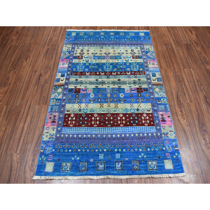 Tribal & Geometric Wool Hand Knotted Rug Blue No Border 4.0X5.10 -O051615