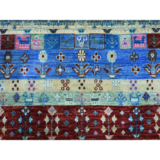 Tribal & Geometric Wool Hand Knotted Rug Blue No Border 4.0X5.10 -O051615