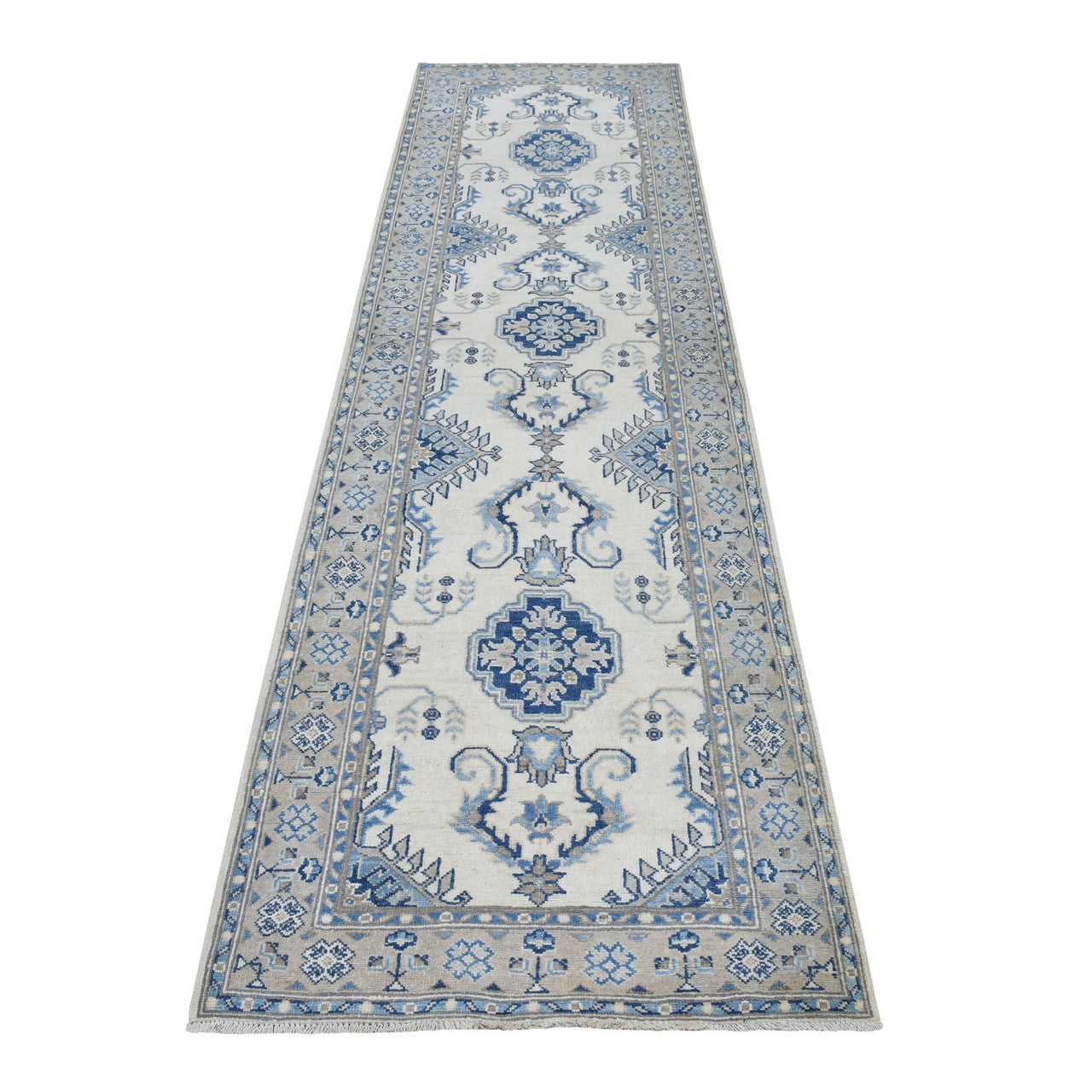 Kazak Wool Hand Knotted Rug Ivory Smoke Gray 2.9X10.7 -O051917