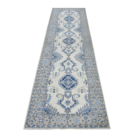 Kazak Wool Hand Knotted Rug Ivory Smoke Gray 2.9X10.7 -O051917