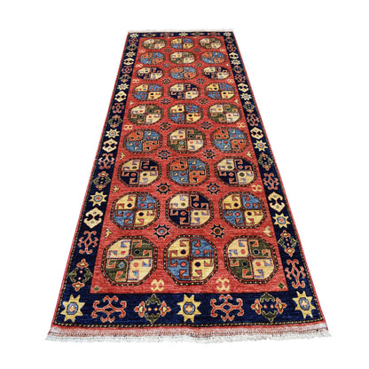 Tribal & Geometric Wool Hand Knotted Rug Red Navy Blue  4.0X10.2 -O053126